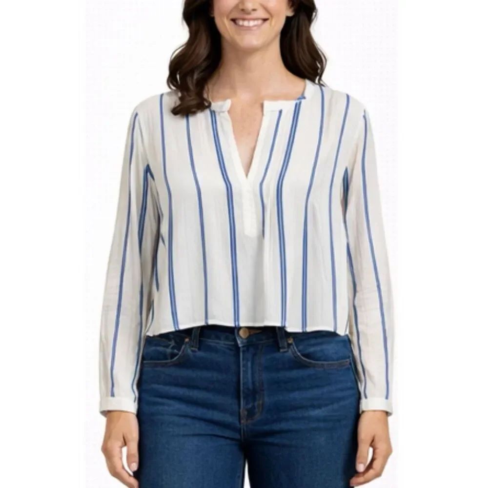 A.L.C. Striped blue and white cropped notch neck blouse M